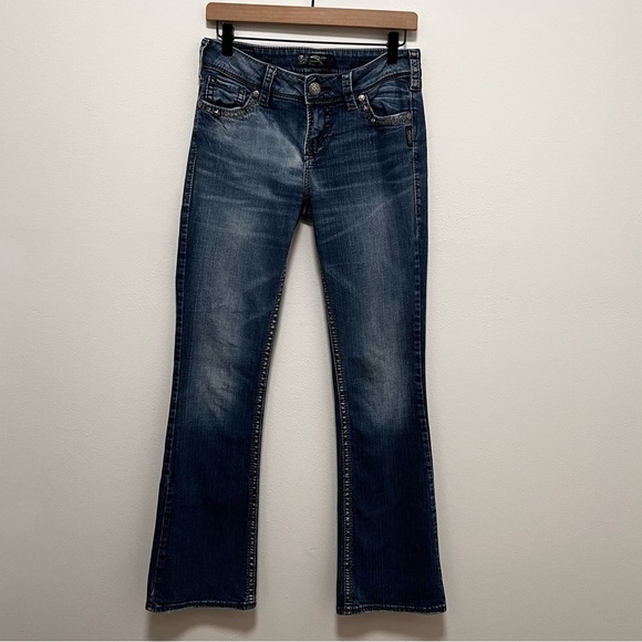 SILVER SUKI Y2K Low Rise Flap Pocket Bootcut Jeans Embellished Pocket Size 28x33 - Picture 2 of 10